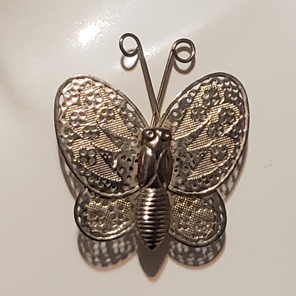 Vintage Butterfly Brooch, Filigree Silver Tone Pin - Picture 2 of 6